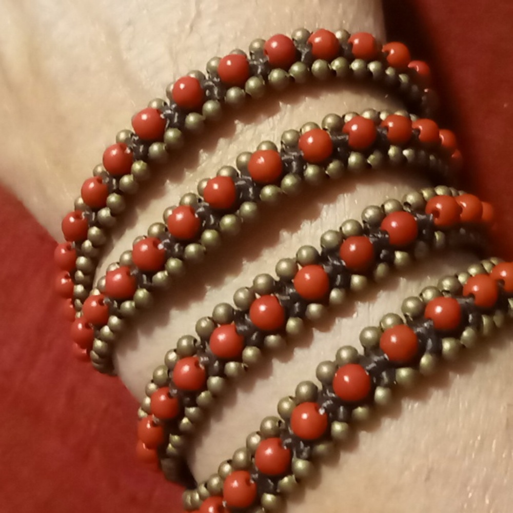 Red coral natural stone & brass beaded wrap bracelet. NWOT